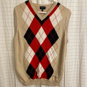 Burberry Golf Sweater Vest Medium Men’s Tan Red Black Preppy